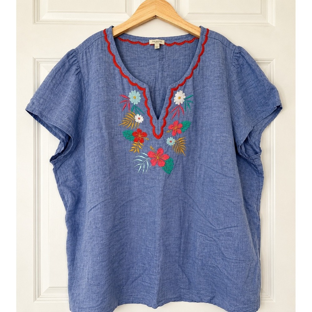Talbots Linen Blend Vibrant Embroidery Chambray Top 3X Coastal Vacation